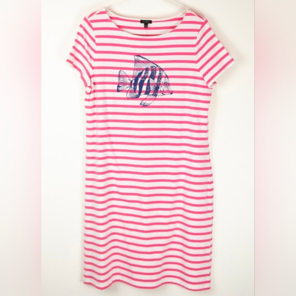 TALBOTS‎ Tee Shirt Dress Pink White Stripe Fish Print - Size Small